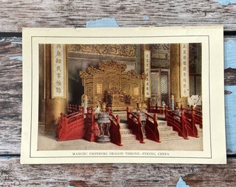 Manchu Emperors Dragon Throne- Peking China. 1925- Vintage Print. Full Color Print to Frame. Home Decor. Chinese Temple Gold Throne