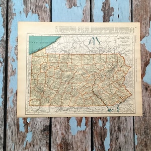 Carte de la Pennsylvanie de 1937. Ancienne carte de la Pennsylvanie. Gravure historique ancienne, lithographie pour encadrement. Belle carte de 87 ans à encadrer.