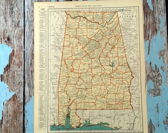 Alabama Antique Map. c1937. 89 Year Old Historical Print Lithograph to Frame.