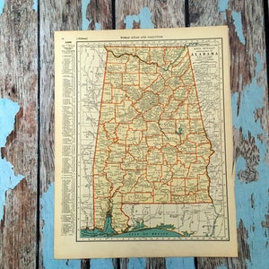 Carte ancienne de l'Alabama de 1937. Ancienne carte de l'Alabama. Estampe historique, lithographie pour encadrement. Belle carte de l'Alabama de 88 ans à encadrer