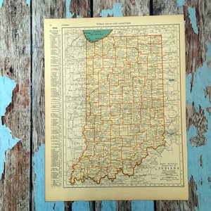 Carte ancienne de l'Indiana de 1937. Ancienne carte de l'État de l'Indiana. Estampe historique, lithographie pour encadrement. Belle carte de l'Indiana de 81 ans à encadrer