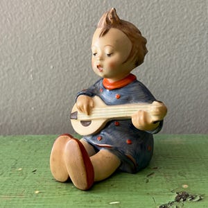 Vintage Goebel Hummel Figurine &quot;Joyful&quot; #53 Girl with Guitar Mandolin. Collectible Figurine Made in Germany German MJ Hummel Full Bee Mark
