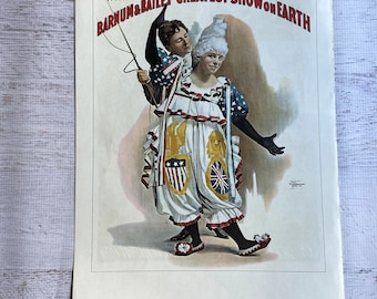 Evetta Lady Clown Circus Poster. Vintage Ephemera Poster to Frame 16x11." 1970s Printing of 1895 Original Litho. Barnum & Bailey Strobridge
