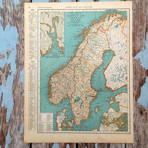 1937 Norwegen & Schweden Antike Landkarte. Alte Landkarte von Skandinavien. Historische Lithographie für die Einrahmung. Wunderschöne 81 Jahre alte Landkarte zum einrahmen
