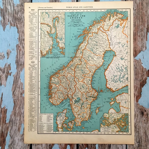 1937 Norway & Sweden Antique Map. Old Map of Scandinavia. Historical Print Lithograph for Framing. Beautiful 81 Yr Old Map to Frame