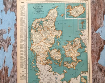 1937 Denmark Antique Map. Old Map of Denmark & Iceland. Historical Print. Lithograph for Framing. Beautiful 81 Yr Old Map to Frame