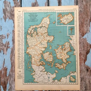 Carte ancienne du Danemark de 1937. Ancienne carte du Danemark et de l'Islande. Impression historique. Lithographie pour l'encadrement. Belle carte de 81 ans à encadrer
