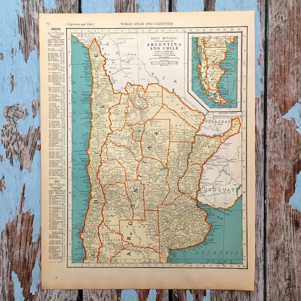 Argentina & Chili Antique Map. C. 1937. Beautiful Old Map Of South America. Historical Print Lithograph for Framing. 83 Yr Old Map to Frame