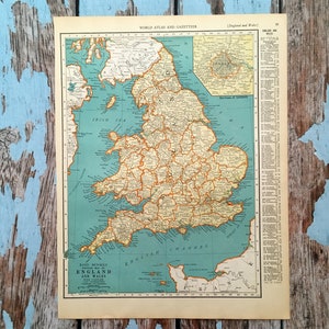 1937 England Antique Map. Old Map of England. Historical Print Lithograph for Framing Beautiful 88 Yr Old Map to Frame. Push Pin Map Gallery