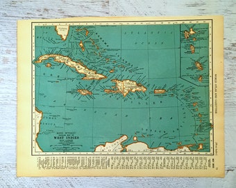 Carte ancienne des Antilles de 1937. Ancienne carte des Antilles. Estampe historique, lithographie pour encadrement. Carte de 87 ans à encadrer