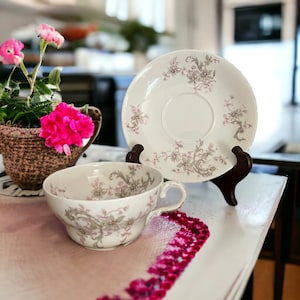 Haviland Limoges France Tea Cup & Saucer Pink Flowers with Green and Yellow NICE. VIntage Tea Party Victorian Fancy