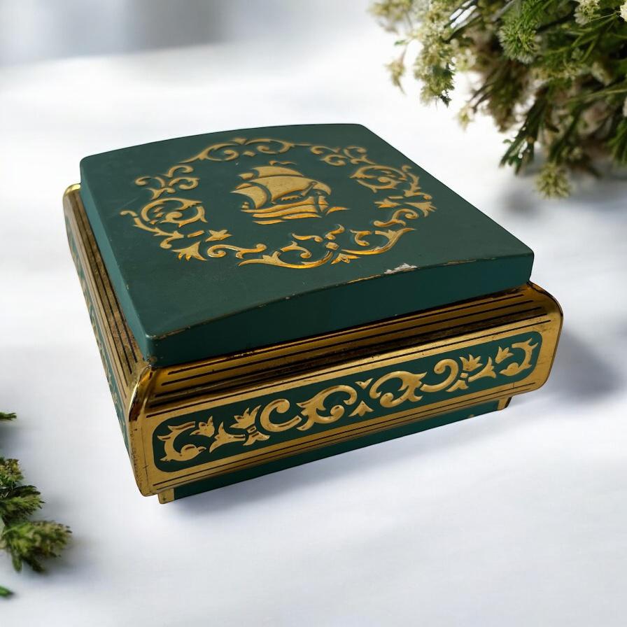 Teal and Gold Vintage Hinged Tin. Biscuit Candy or Tea Storage Container Box
