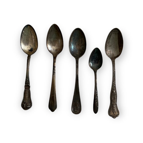 Vintage Silver Plated Spoon Collection. Collection of 5 Antique Spoons. Ornate Silverware. Souvenir Spoons, Hotel Spoon