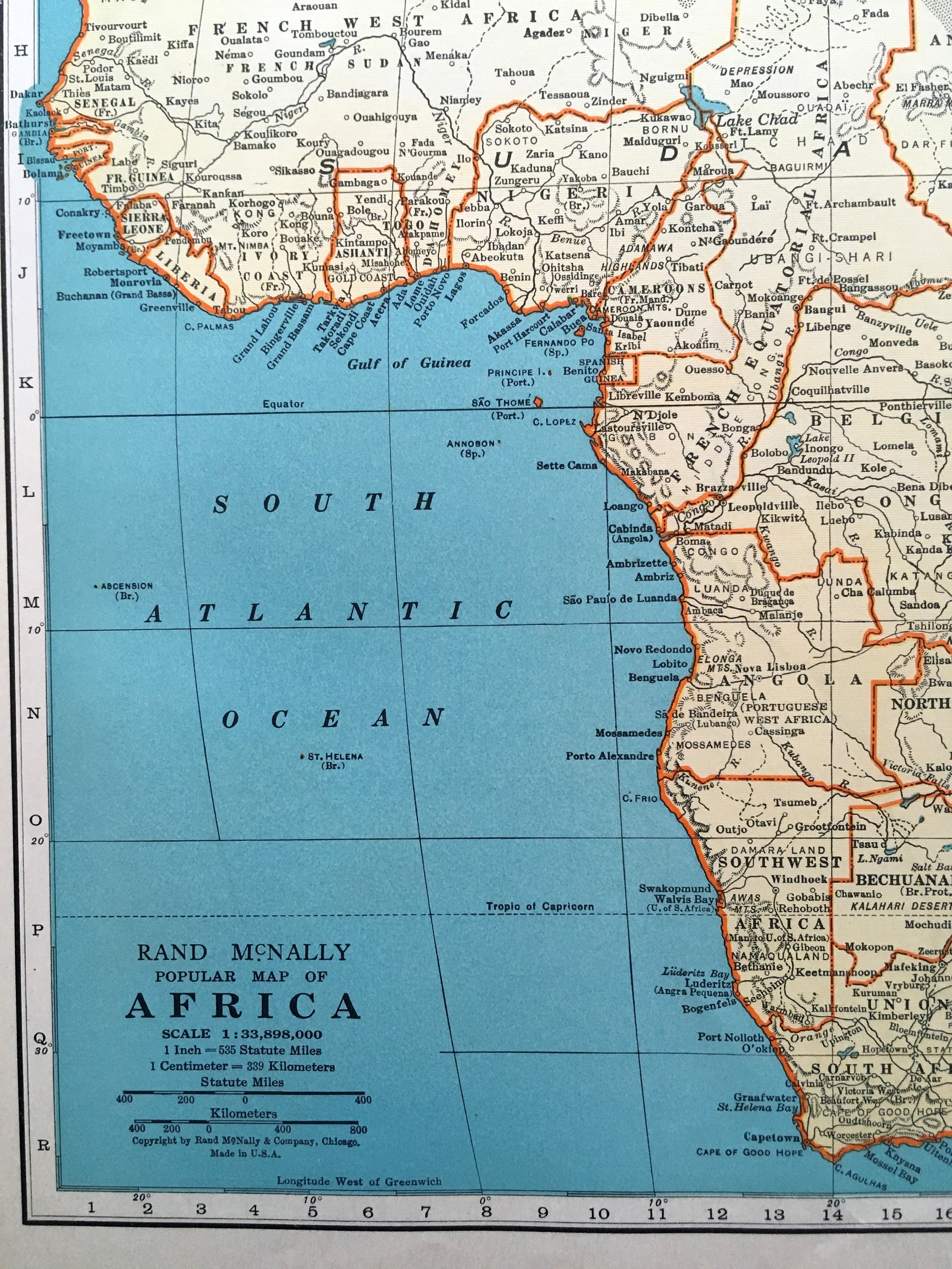 アフリカのアンティーク地図。1937年頃。額装可能な89年前の歴史的な石 
