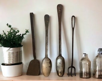 Collection of Vintage Long Handled Utensils. Antique Spoon, Scoop, Spatula, Rake. Made in USA