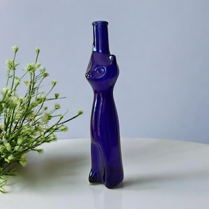 Vintage Blue Glass Happy Cat Bottle – Collectible Wine Decanter, Vase, or Candle Holder. Cobalt Riesling Wine Bottle