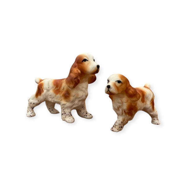 Pair of Vintage Bone China Spaniel Dogs. Dog and Puppy. Miniature Figurines. Excellent Condition