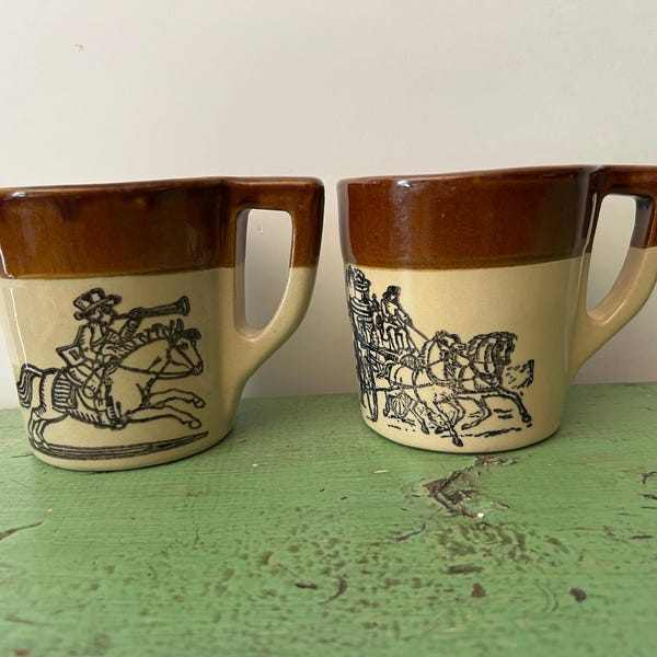 Holt Howard Stoneware Vintage Mugs. Paul Revere, Horse Drawn Wagon