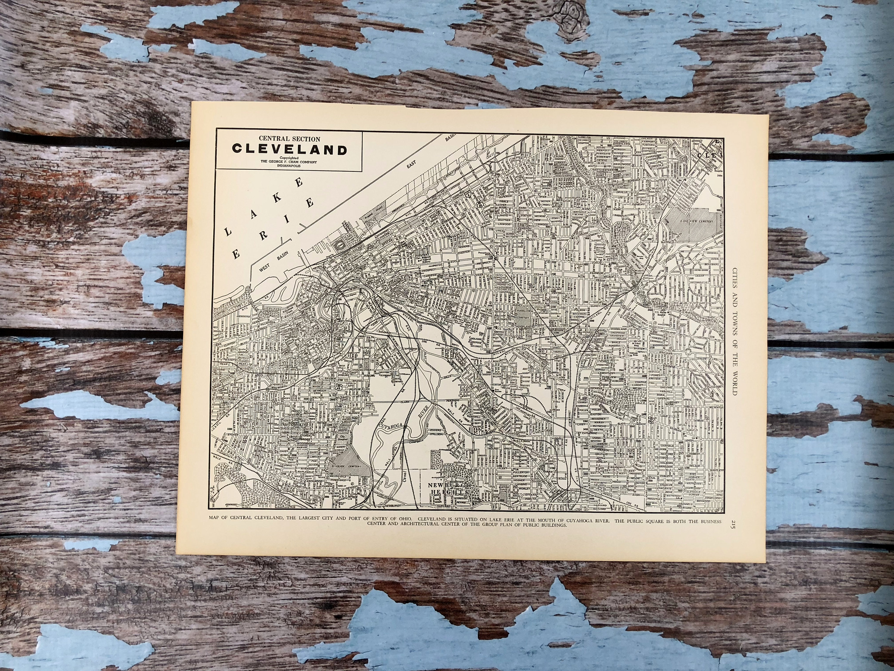 1937 Cleveland City Map Antique Of Ohio Historical Print Lithograph For Framing Beautiful 80 Year Old Street To Frame