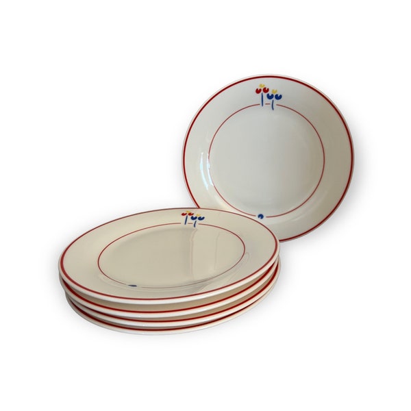 Set of 5 Tulip Red Line Salad Plates by Riva Designs. 1980s Dinnerware. Side, Appetizer, Small Plates 7.75" Made in Japan