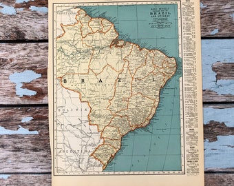 1937 Brazil Antique Map. Old Map of Brazil. Historical Print. Lithograph for Framing. Beautiful 81 Yr Old Map to Frame. Push Pin Map Gallery