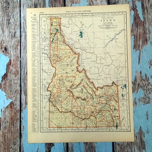 Carte ancienne de l'Idaho de 1937. Belle carte ancienne de l'Idaho à encadrer. Gravure historique ancienne, lithographie. Cadeau lune de miel, carte avec punaises