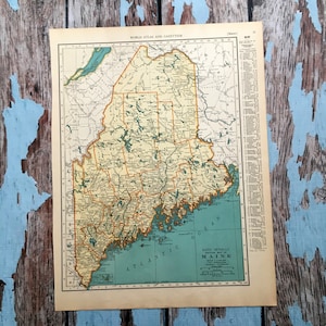 1937 Maine Antique Map. Old Map of The State of Maine. Historical Print, Lithograph for Framing. Beautiful 88 Yr Old Map to Frame.