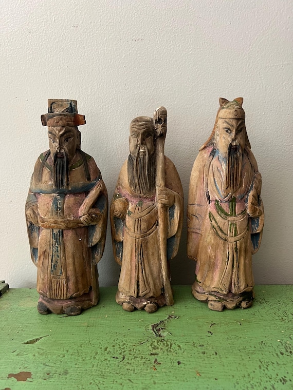 アジアの賢者木彫像。3体の仙人像は手彫り。福禄寿像 中国の神々 風水 