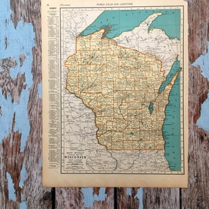 Carte ancienne du Wisconsin de 1937. Ancienne carte de l'État du Wisconsin. Estampe historique, lithographie pour encadrement. Belle carte de 88 ans à encadrer