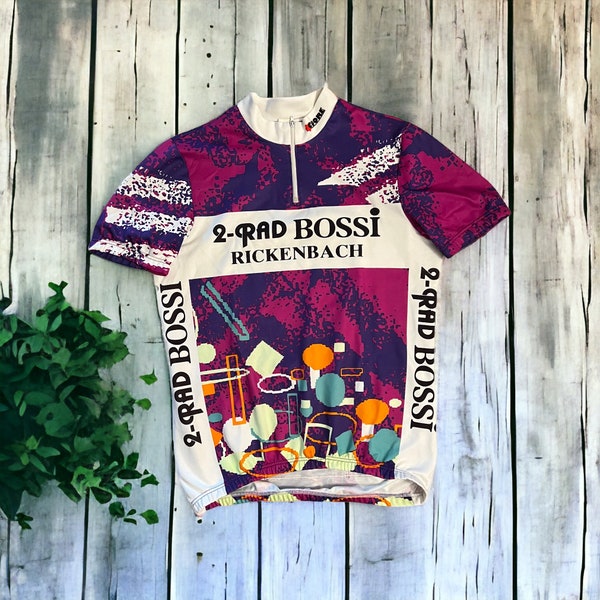 Vintage 2 RAD BOSSI Rickenbach German Cycling Bike Jersey | Shirt. Size Large. Bold Bright Pop Colors