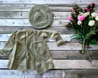 Antique Hand Knit Infant Cardigan & Beret. Sea Foam Sweet Sweater for Baby.  Cottage Core Aesthetic #11