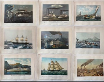 9 Vintage Currier & Ives Prints for Framing or Display. 1960s. Home Decor, Art, Wall Hanging. Extra Large Oversized Prints, Boat Pictures