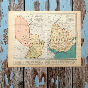 Antik karta över Paraguay och Uruguay. Ca 1937. 89 år gammalt historiskt litografi i ram.