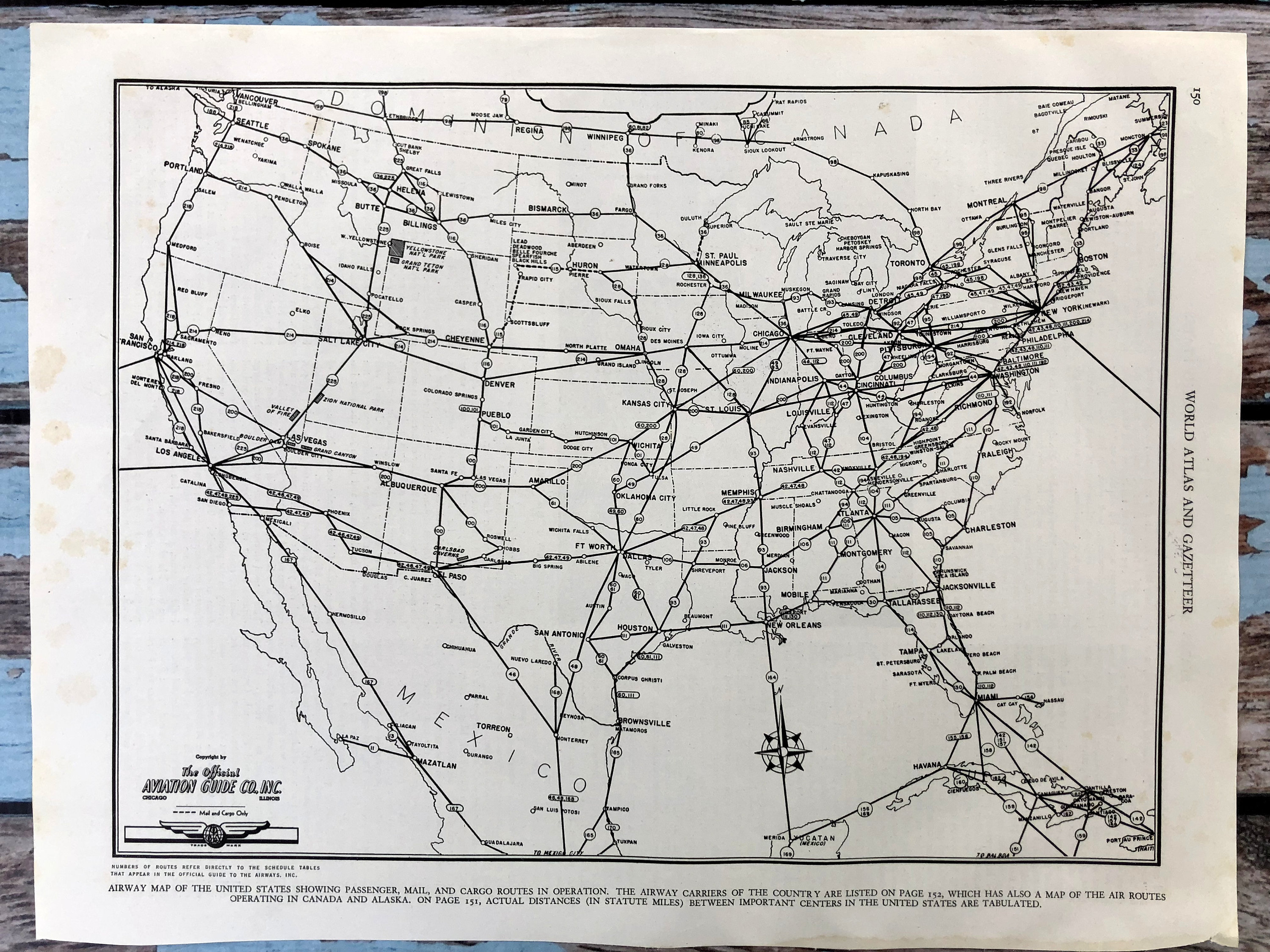 1937年航空地図。アメリカ航空路線図。歴史的版画、リトグラフ額装。88