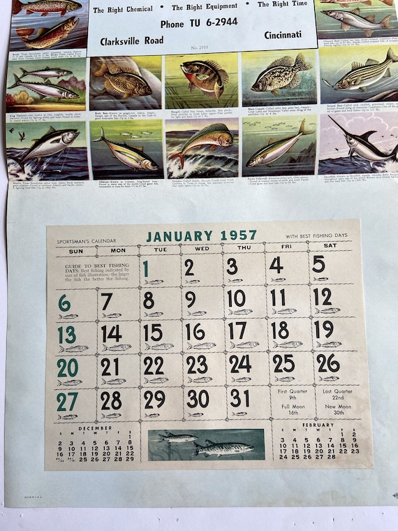 1957 Champion Game Fish Parade Sportsman's Calendar. Advertising Salesman  Sample. Fishing, Hunting Outdoors Poster to Frame. Retro Fishing 