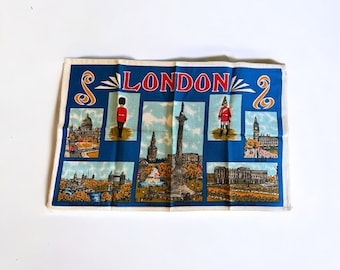 Vintage London Tea Towel. Souvenir with Big Ben, Buckingham Palace, Trafalgar Square, Tower Bridge, St Pauls.  27.5" x 17.5