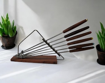 Retro Fondue Fork Holder in Original Box. 6 Fondue Forks and Chrome and Rosewood Rack. Retro MCM Kitchen Utensils Fondue Party