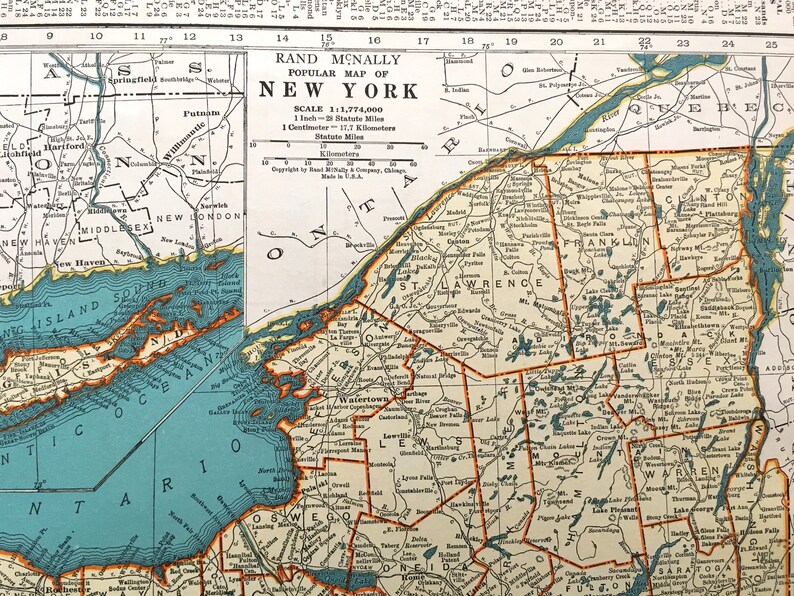 1937 New York Map. Old Map of New York. Antique Historical Print, Lithograph for Framing. Beautiful 81 Yr Old Map to Frame. Push Pin Map. image 3
