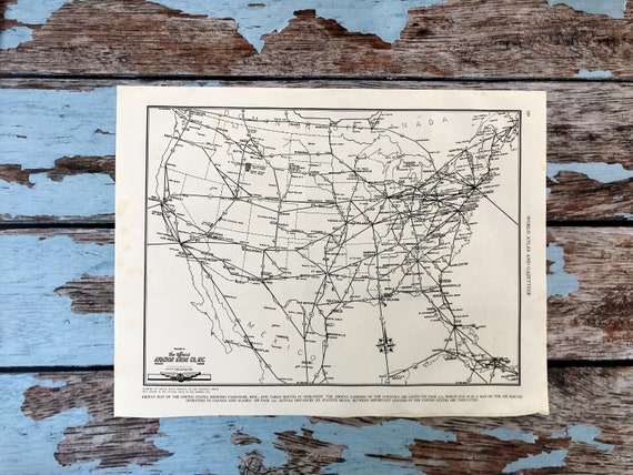 1937年航空地図。アメリカ航空路線図。歴史的版画、リトグラフ額装。88