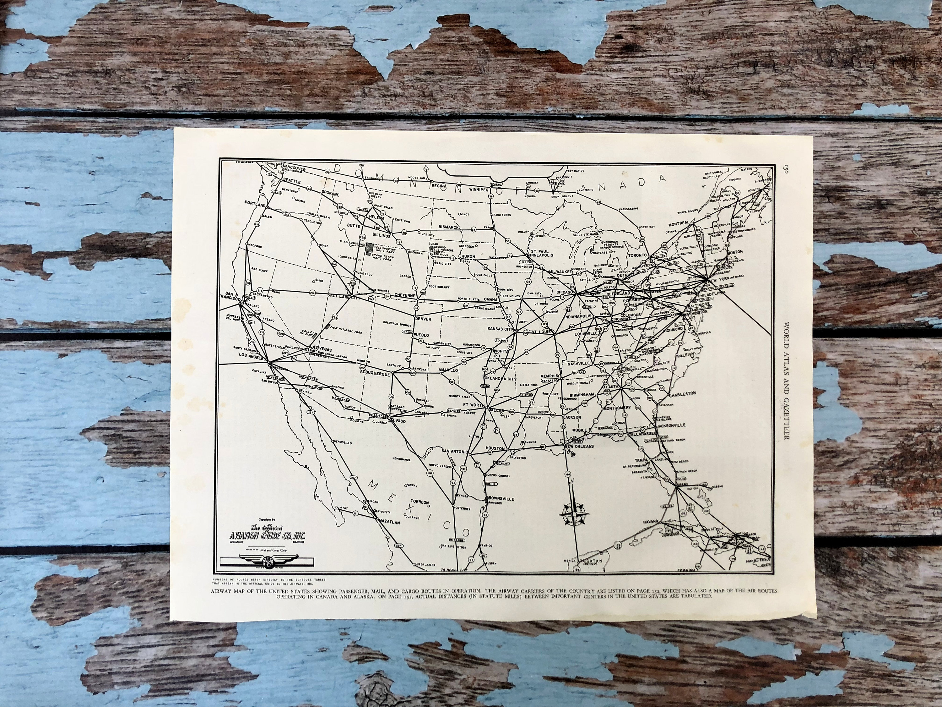 1937年航空地図。アメリカ航空路線図。歴史的版画、リトグラフ額装。88