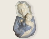 Vintage Blessed Mother Mary Planter. Ceramic Madonna with Baby Jesus Planter. White and Blue. 6.5 quot tall. Made by Reginart