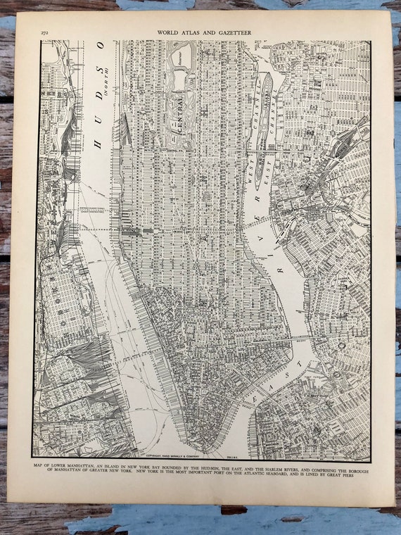 Antique Map of Lower Manhattan. New York City Map. NYC 1937