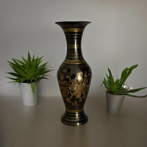Etched Brass Vase with Floral Design. Made in India. 7.75&quot; tall. Vintage Metal Vase Home Display