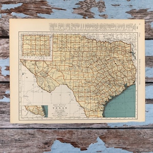 Carte du Texas de 1937. Carte vintage du Texas. Gravure historique ancienne, lithographie pour encadrement. Belle carte de l'état du Texas vieille de 80 ans