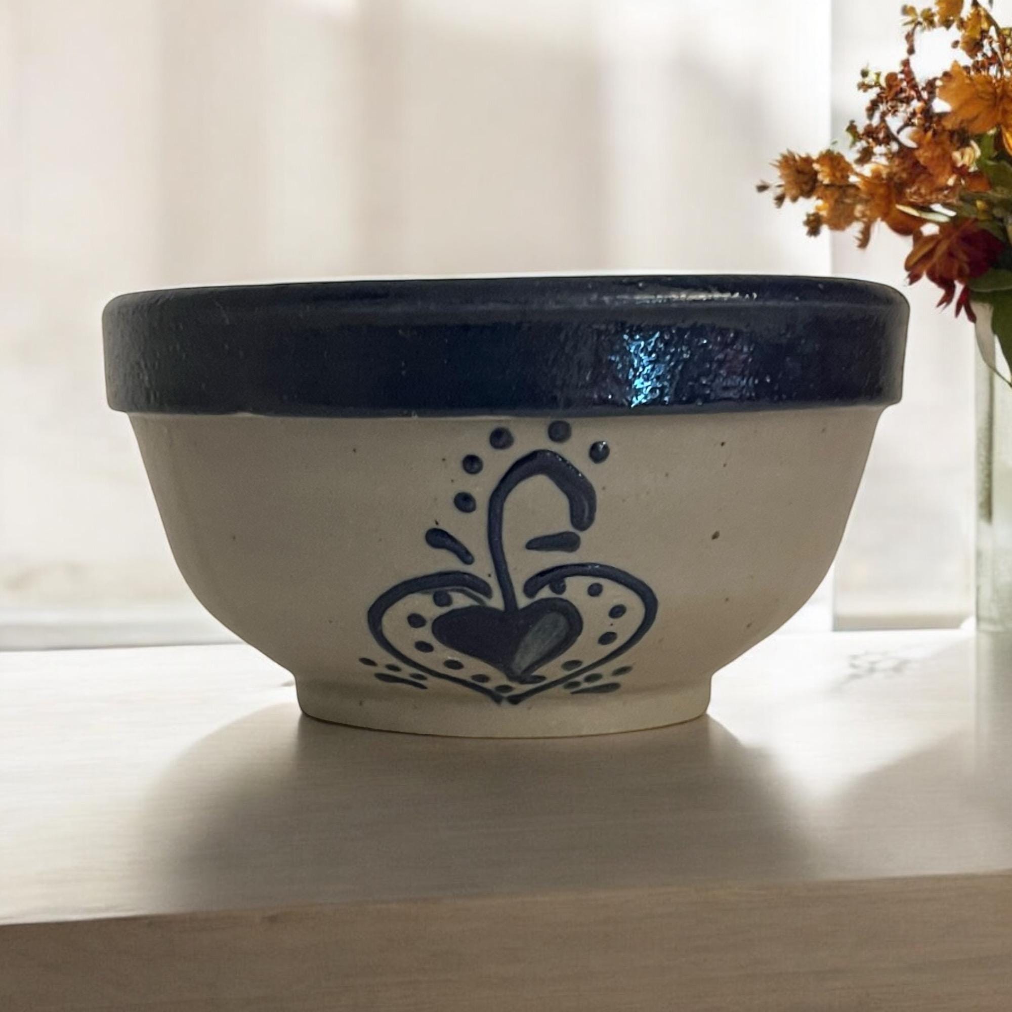 Beaumont Pottery Salt Glazed Bowl. Cobalt Blue Heart Dots Bowl 4" Signed on Base. BBP Ceramic Clay Pottery