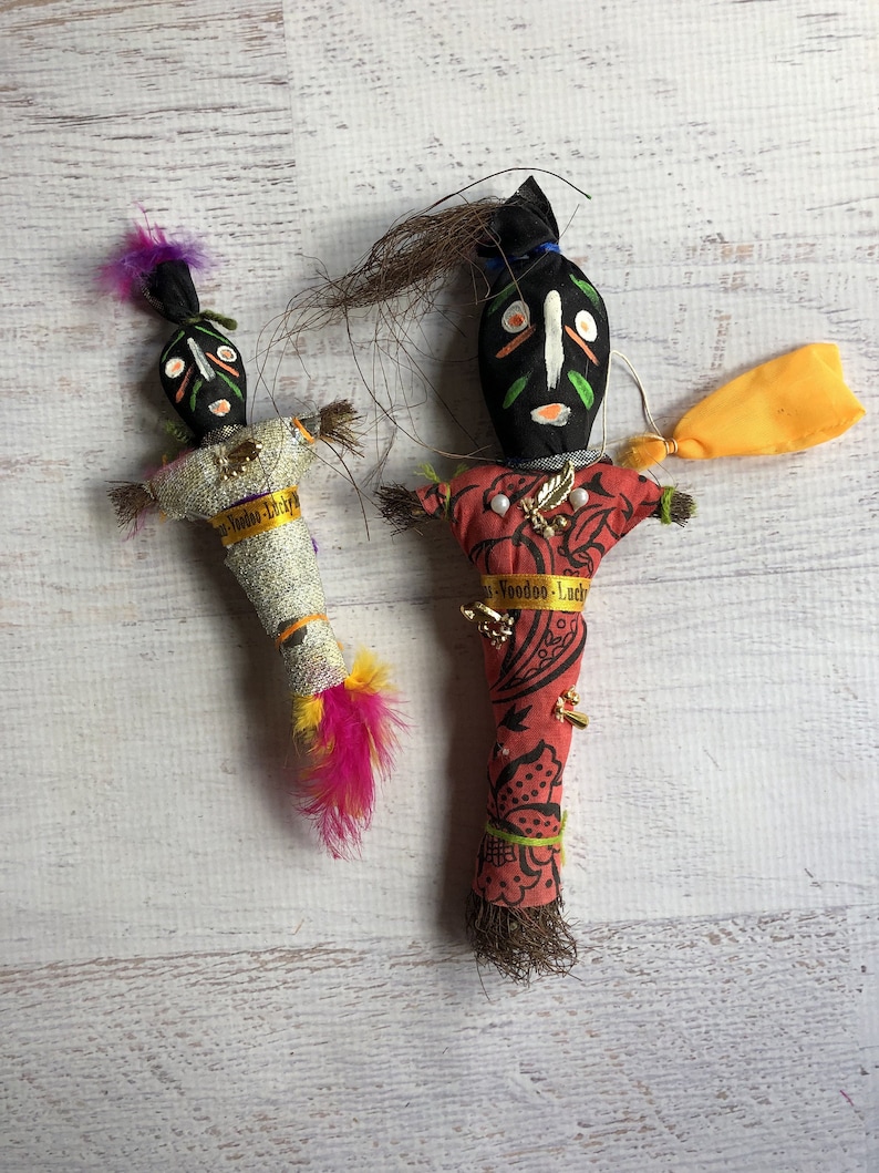 Pair New Orleans VooDoo Lucky Magic Fetish Dolls Vintage New Orleans Voo Doo Dolls Souvenir Doll Santeria Black Magic Witch Craft Prop