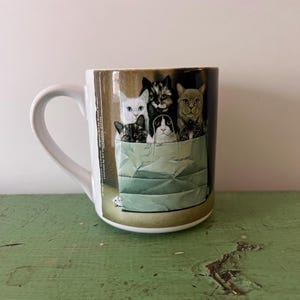 May include: White ceramic mug featuring a whimsical illustration of several cats peeking out of a paper bag. The cats have various fur patterns and colors, including white, tabby, and grey. The mug has a white handle and a green and brown background.