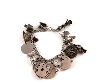 Sterling Silver Charm Bracelet w Shriners' Charms.  7 " Chain & 16 Charms. 1960s and 1970s. Vintage Jewelry Charm Bracelet