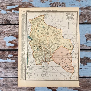 Antyczna mapa Boliwii z 1937 roku. Stara mapa Boliwii, Brazylii i Gujany. Druk historyczny. Litografia do oprawienia. Piękna, 88-letnia mapa do oprawienia.