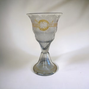Antique Josephinenhutte Cut Glass Vase. 1900-1920 Clear & Yellow Crystal Etched Floral Chalise Shaped Vase. RARE Art Glass, Decorating Piece